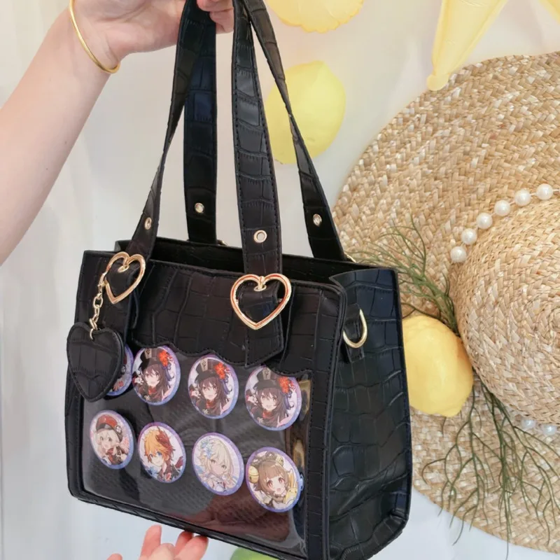 Y2K Japan New Versatile PU Crocodile Pattern Transparent Bar Love Handheld Diagonal Cross Bag Commute Large Appetite Itabag New