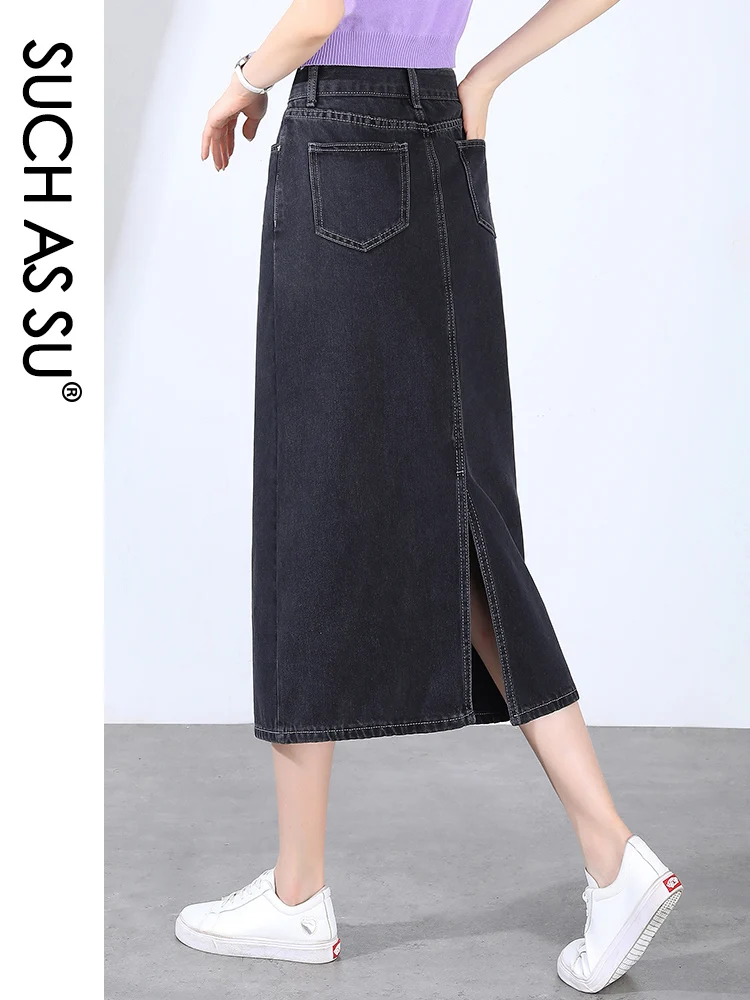 SUCH AS SU Korean 2022 Denim Sexy Split Skirts Black Slim High Waist Straight Skirt Mid Long Pockets S-3XL Women Jean Skirt 7182