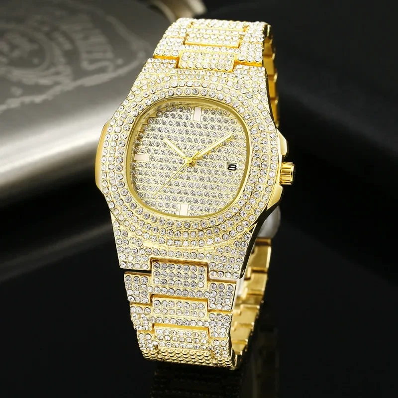 Negócios de luxo ouro relógio masculino cristal vestido relógios diamante aço inoxidável data reloj mujer feminino relógio de pulso de quartzo