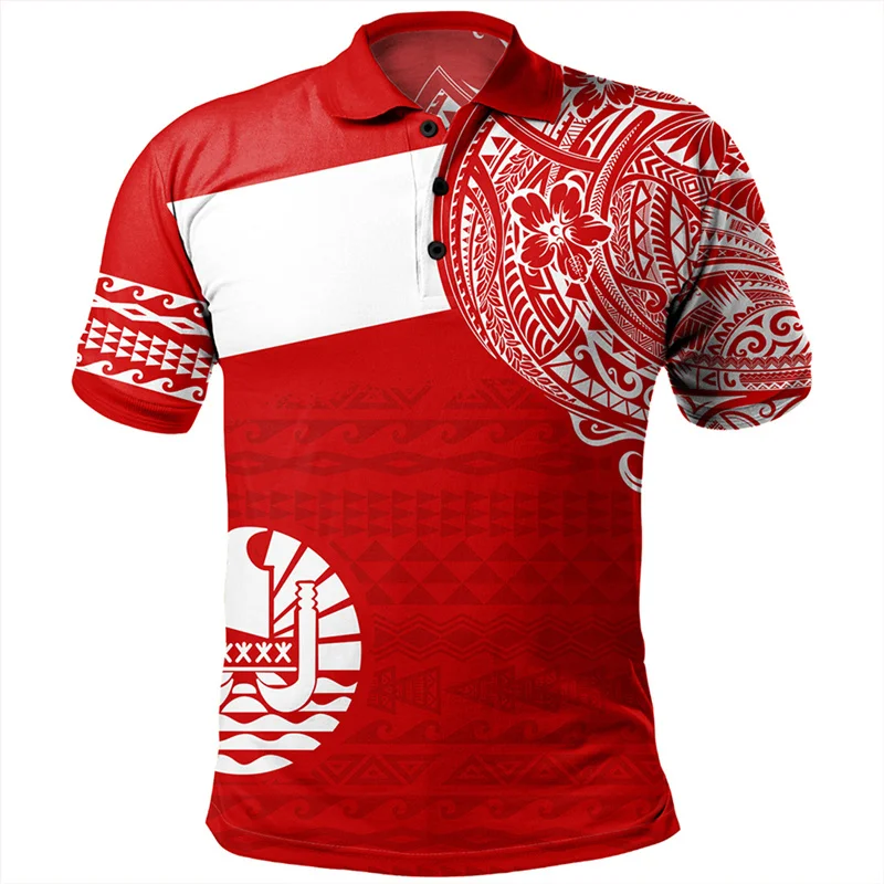 Polynesian Pattern Polo Shirt Men 3D Print Hibiscus Plumeria Flowers Short Sleeves T-shirt Button Loose Hawaiian Lapel T Shirts
