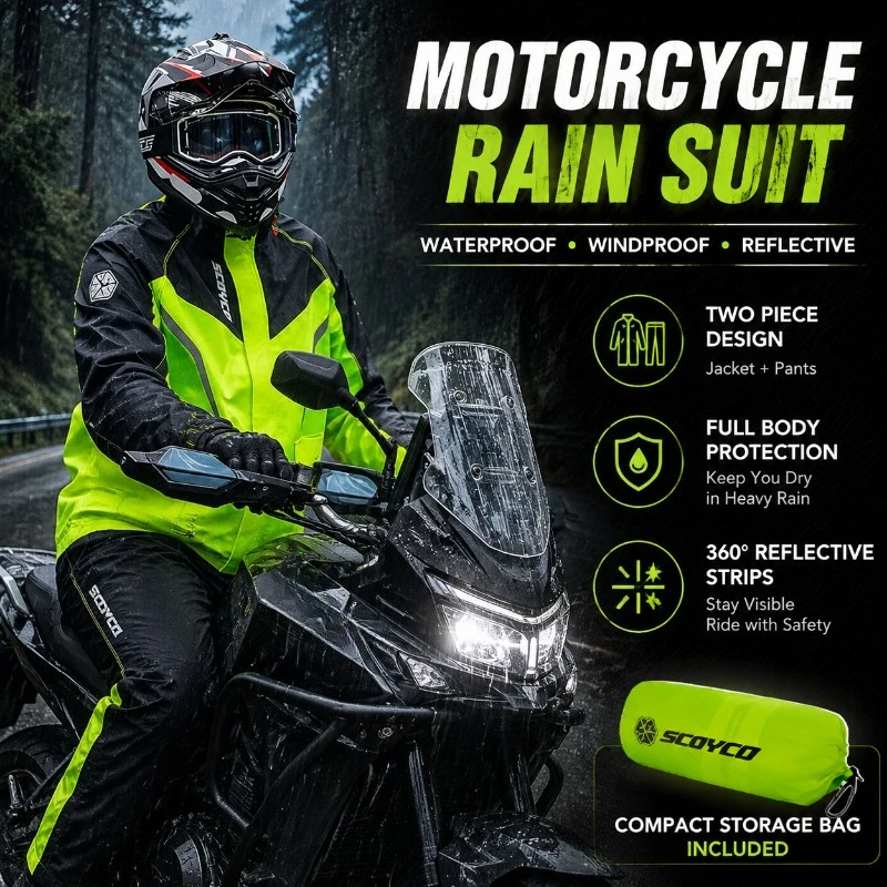 Cycling Gear In Rain - バイク用レインスーツ 防水ツーピースレインコート 防風 反射材付き ライディングギア 男女兼用