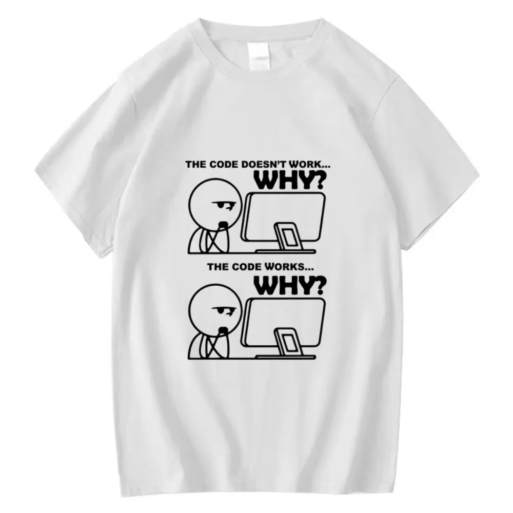 Programmer Code WHY Graphic Tee Front Stickman Code Meme Print Men Casual Crew Neck Cotton Short Sleeve T-shirt