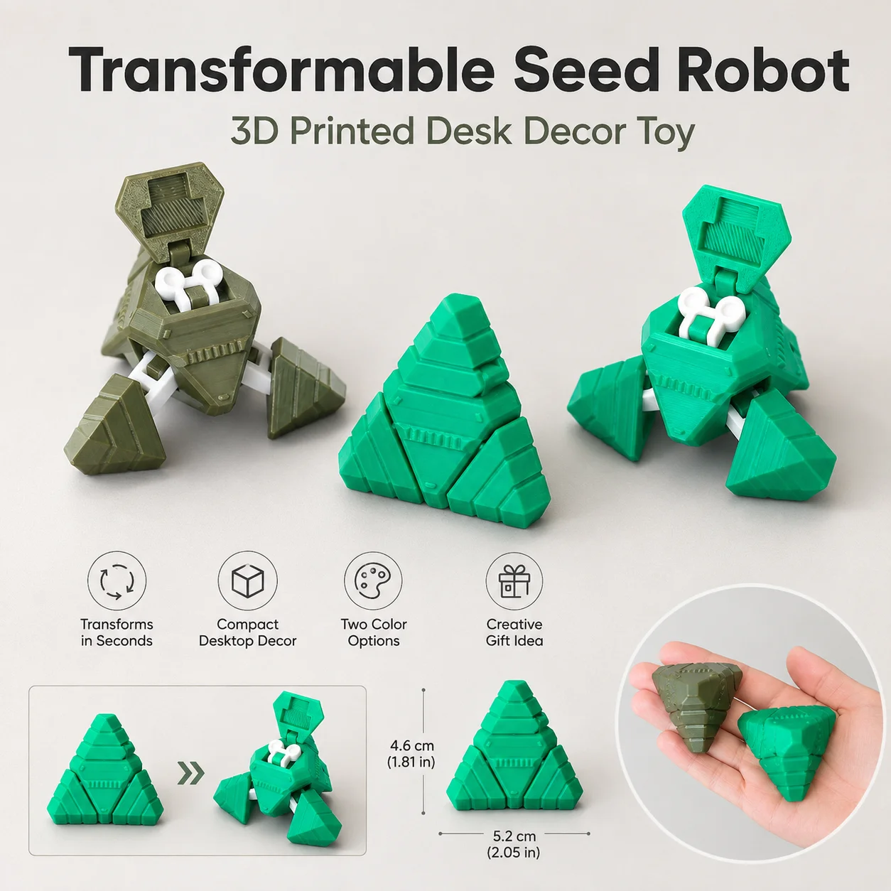 Transformable Seed Robot 3D Printed Desk Toy Creative Folding Robot Model Mini Decorative Gift for Kids Adults Office Home Decor