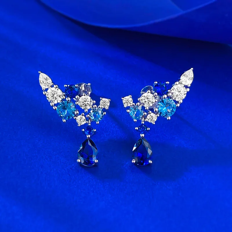 

2025 new S925 silver flower cluster brocade full diamond earrings, fashionable blue diamond earrings, light luxury and high-end