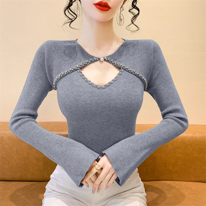 2025,New,European,Clothes,Knitted,Sweater,Women,Chic,Sexy,V-Neck,Hollow Out,Shiny,Beads,Diamonds,Long Sleeve,Elastic,Tops,51035