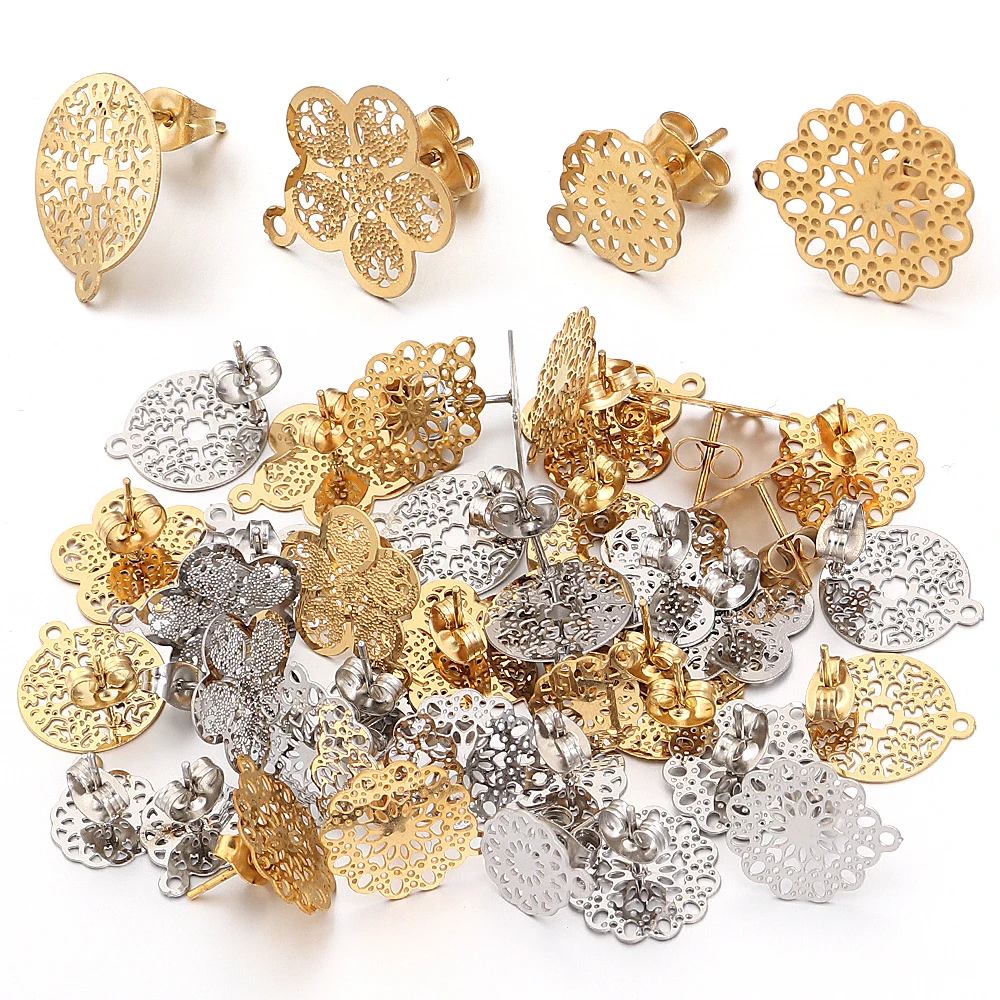 2pcs Stainless Steel Flower Ear Studs Metal Hollowed Out Earrings Base With Earplugs For DIY Jewelry Making Earrings Accessories - view 5