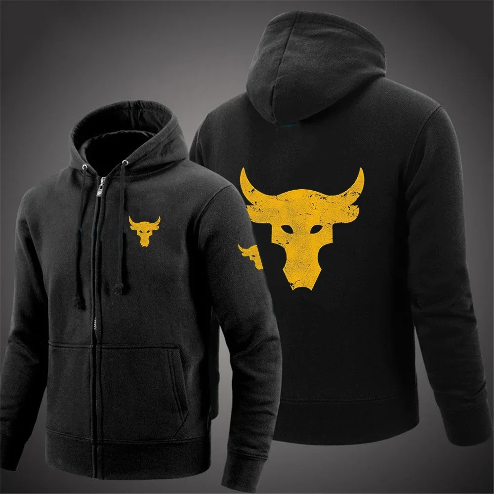 

Dwayne Johnson Brahma Bull Tattoo Logo Print Spring Autumn Men Zip Hooded Hoodies Streetwear Classic Casual Solid Color Pullover