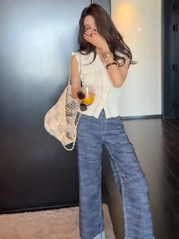 เสื้อกั๊กถักลายฉลุแฟชั่นสำหรับผู้หญิง สไตล์เกาหลี ทรงตรง ติดกระดุม เหมาะสำหรับใส่ไปทำงานช่วงฤดูร้อน