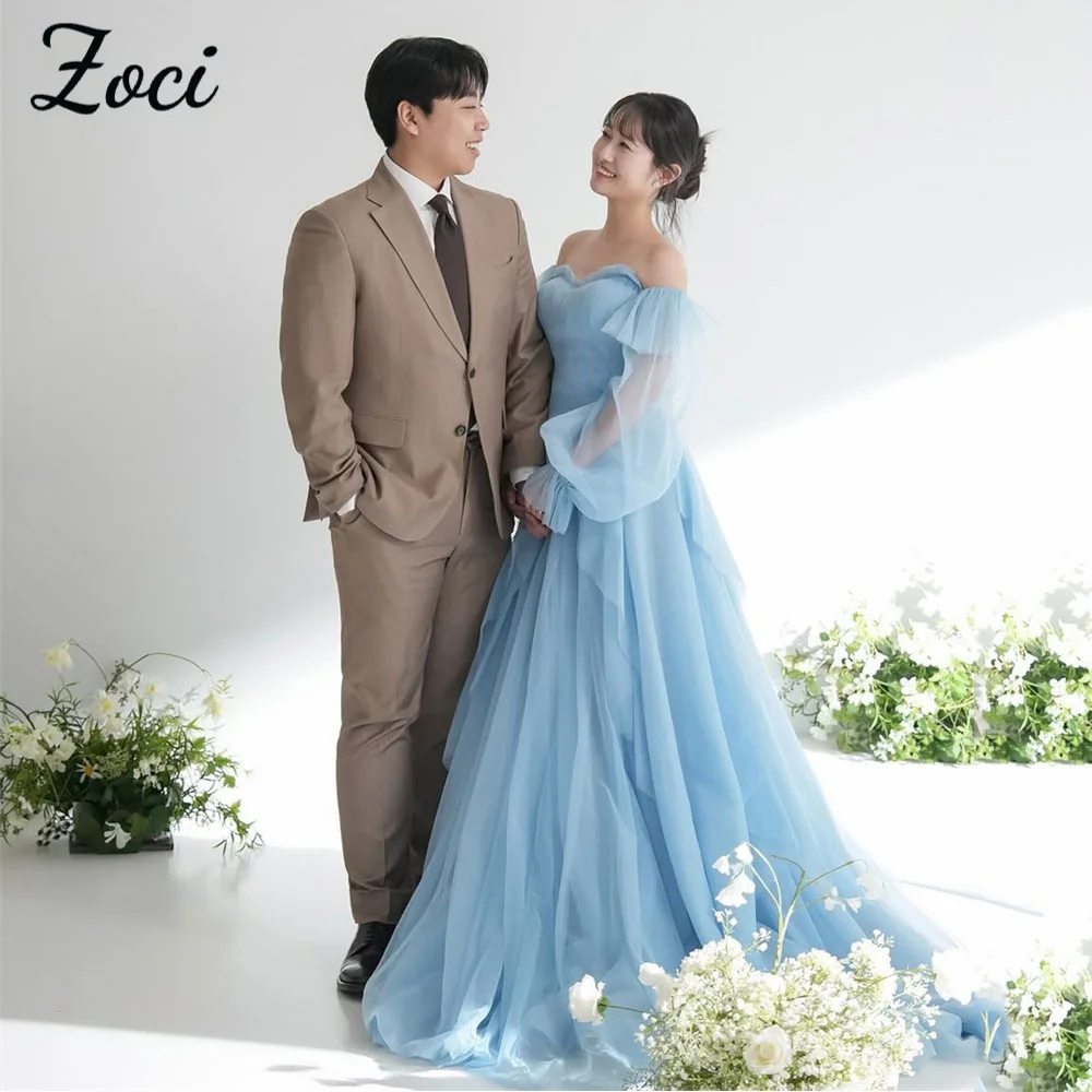 

Zoci Sky Blue Korea Wedding Dresses Off Shoulder Long Puff Sleeves Bridal Gown Photos Shoot Garden Evening Dresses Customized