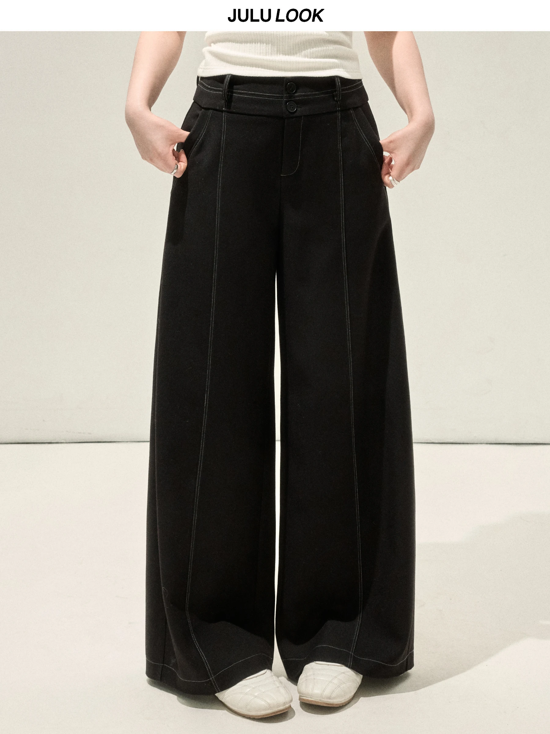 

JULULOOK Studio, повседневные брюки большого размера, драпированные широкие брюки с декоративными пуговицами, двойные синие зимние женские брюки с высокой талией