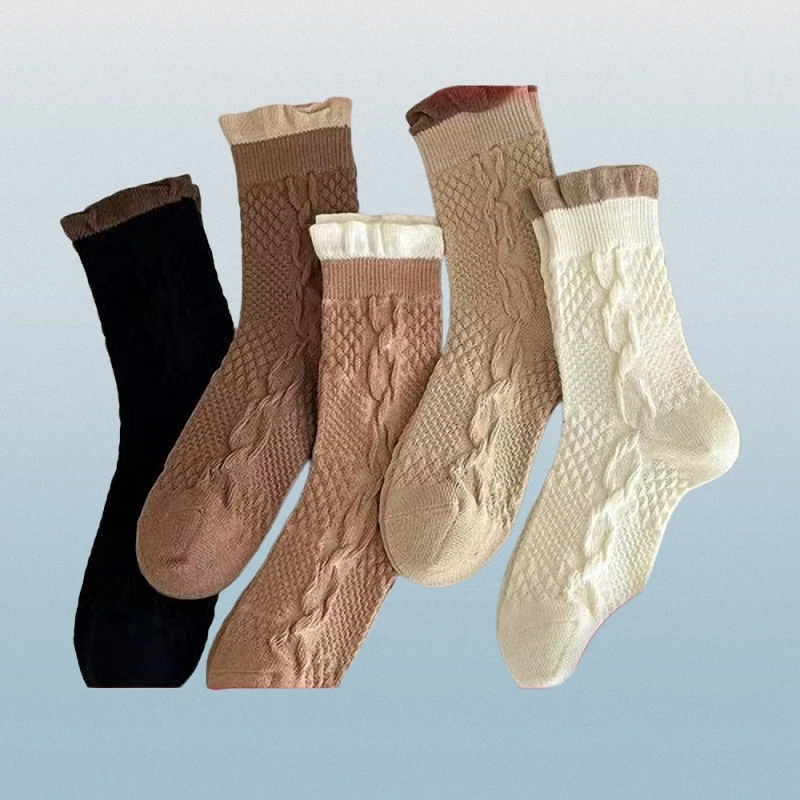 2024 New Fashion 3/6 Pairs Bubble Mouth Braided Pattern Middle Tube Socks Forest Style Simple College Style Middle Length Socks