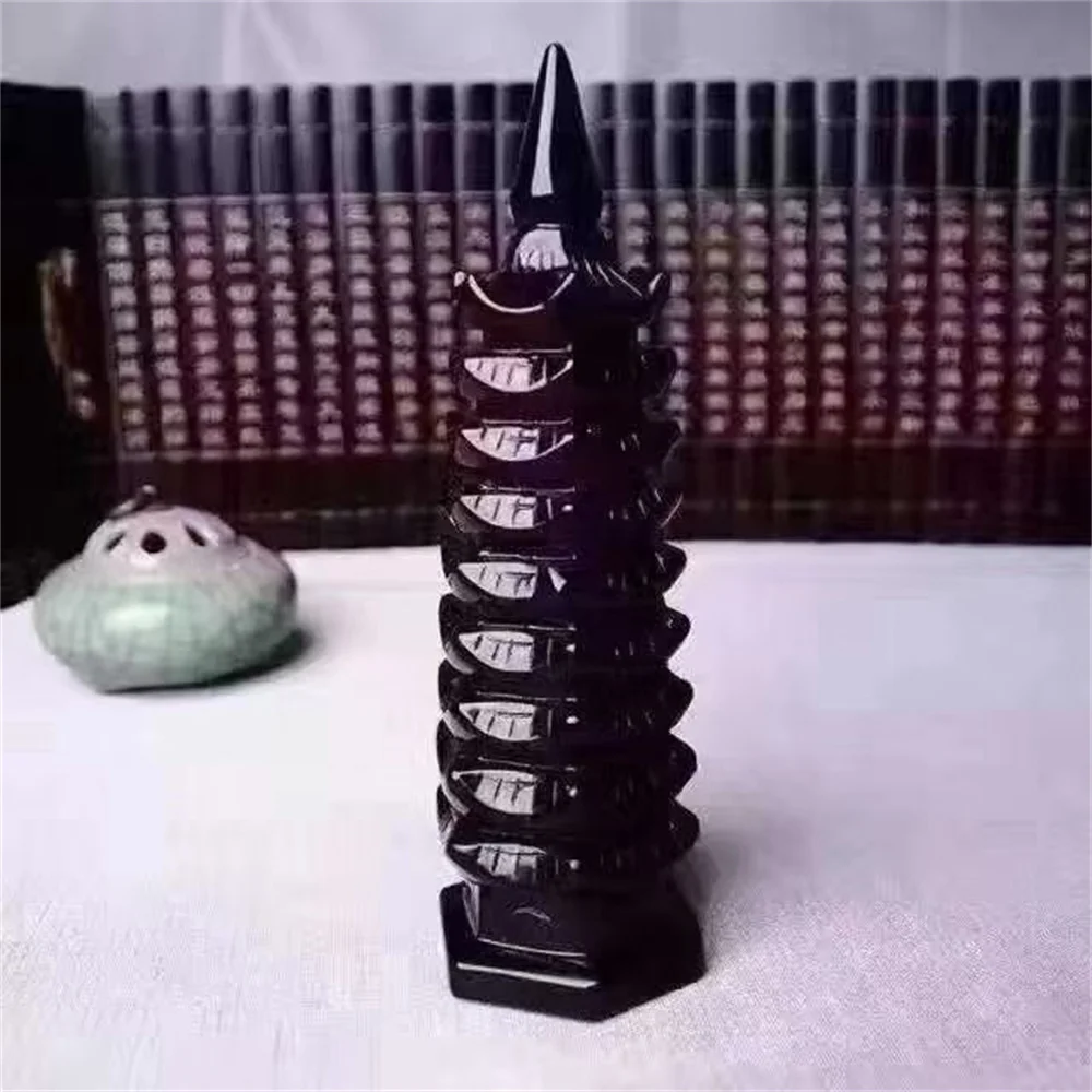 Natural Obsidian Crystal Quartz-Carved Wen Chang Pagoda, Enhancing Vitality And Healing, Suitable For Office And Home Decoration