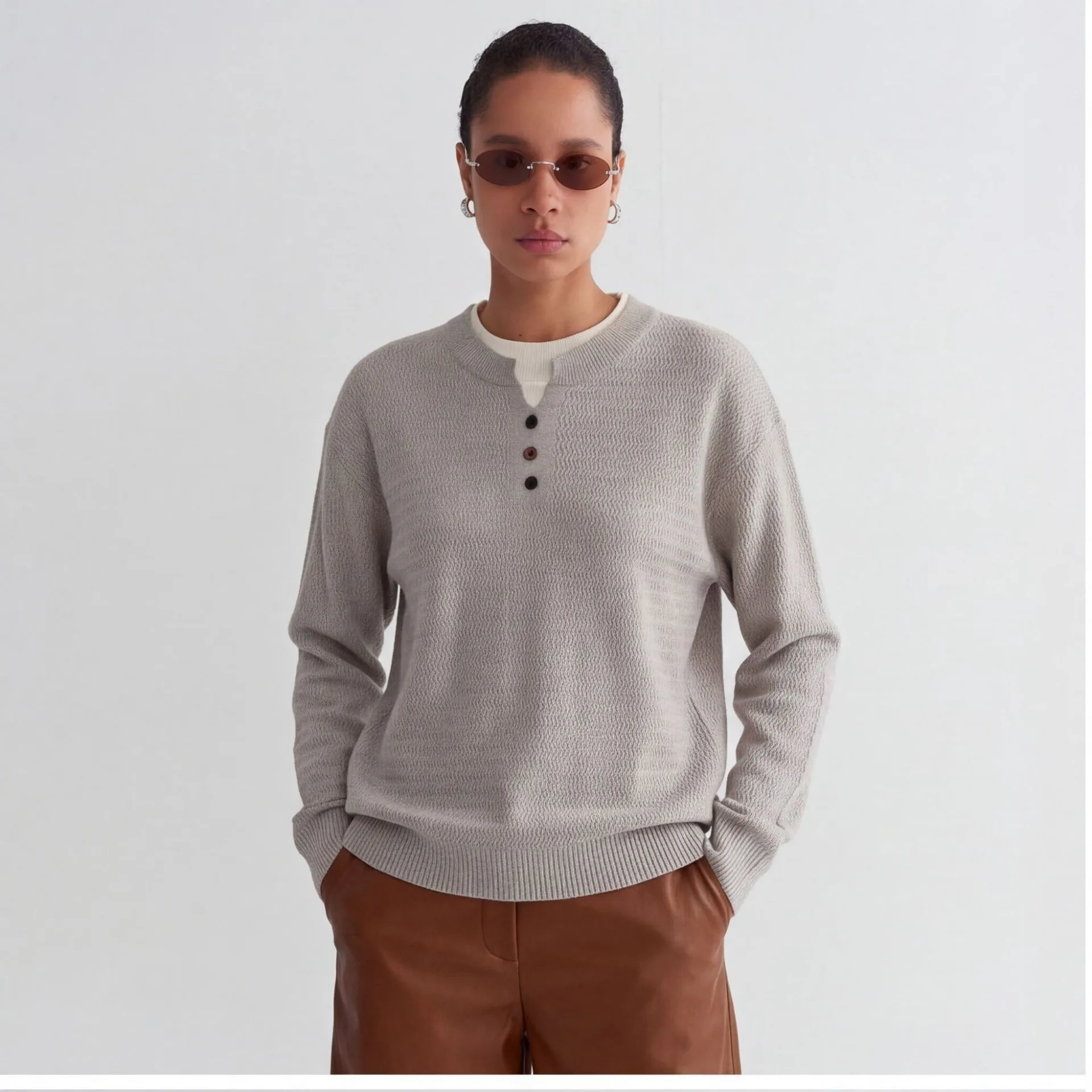 Pullover Loose Fit Top Streetwear with Long Skirt Zipper Front Standard Length Autumn Round Neck Pullover Sweater for Women