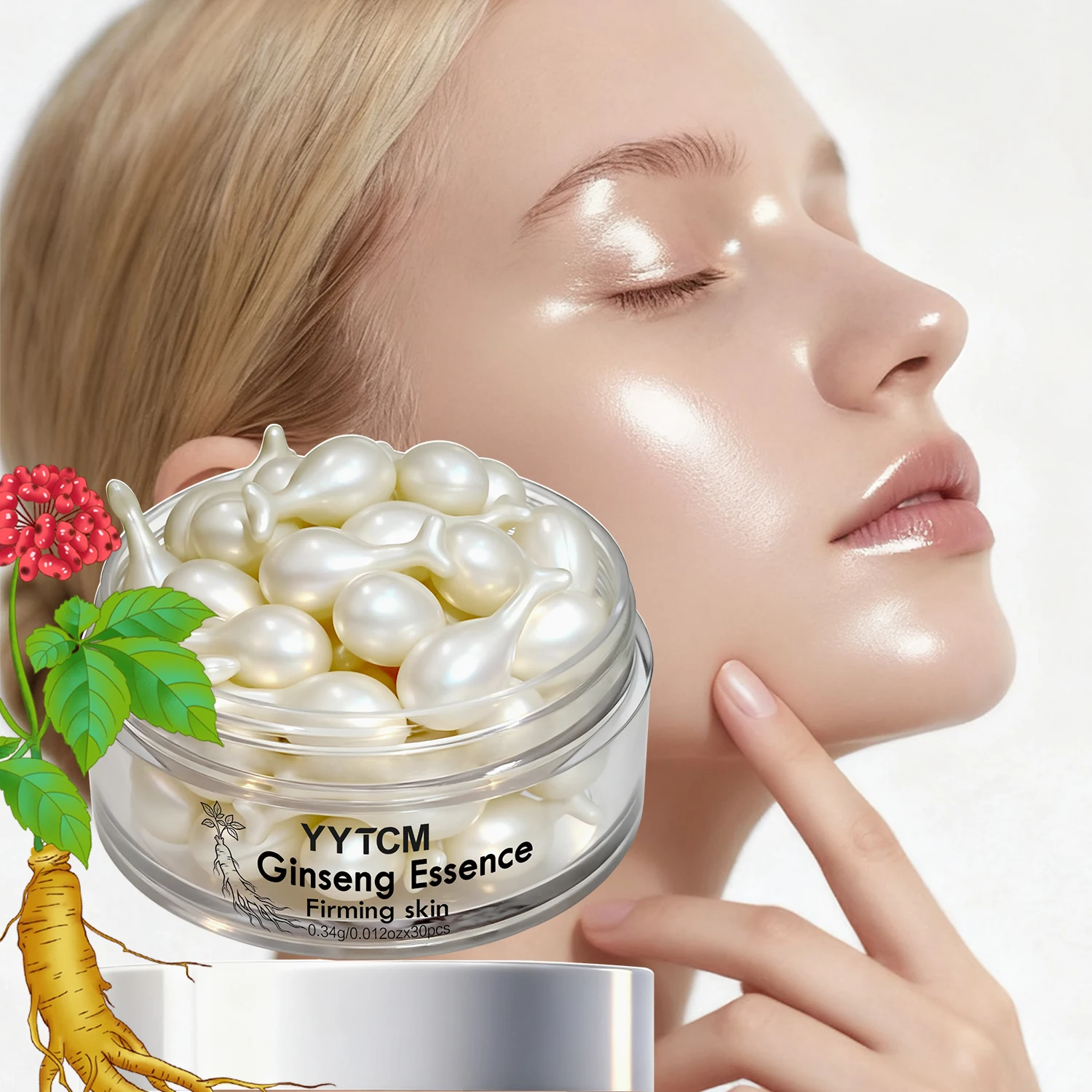 Ginseng Essence Capsules, Moisturizing and Firming Essence Serum, Contains Squalane, Niacinamide, Vitamin E, Retinol, Deep Hydration (0.34Gx30 Capsules)/Bottle-1 Bottle