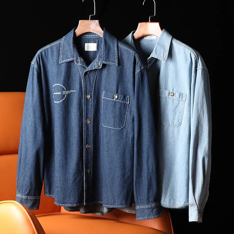 

Spring New Faion Casual Loose Waed Denim Long Sve Workwear irt Jaet for Men Youth ular Sle Daily Wear