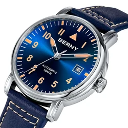 BERNY Pilot Automatic Watch Men Mechanical Luminous Army Military Vintage Watch Sapphire Waterproof 100m Diver Wristwatch Men