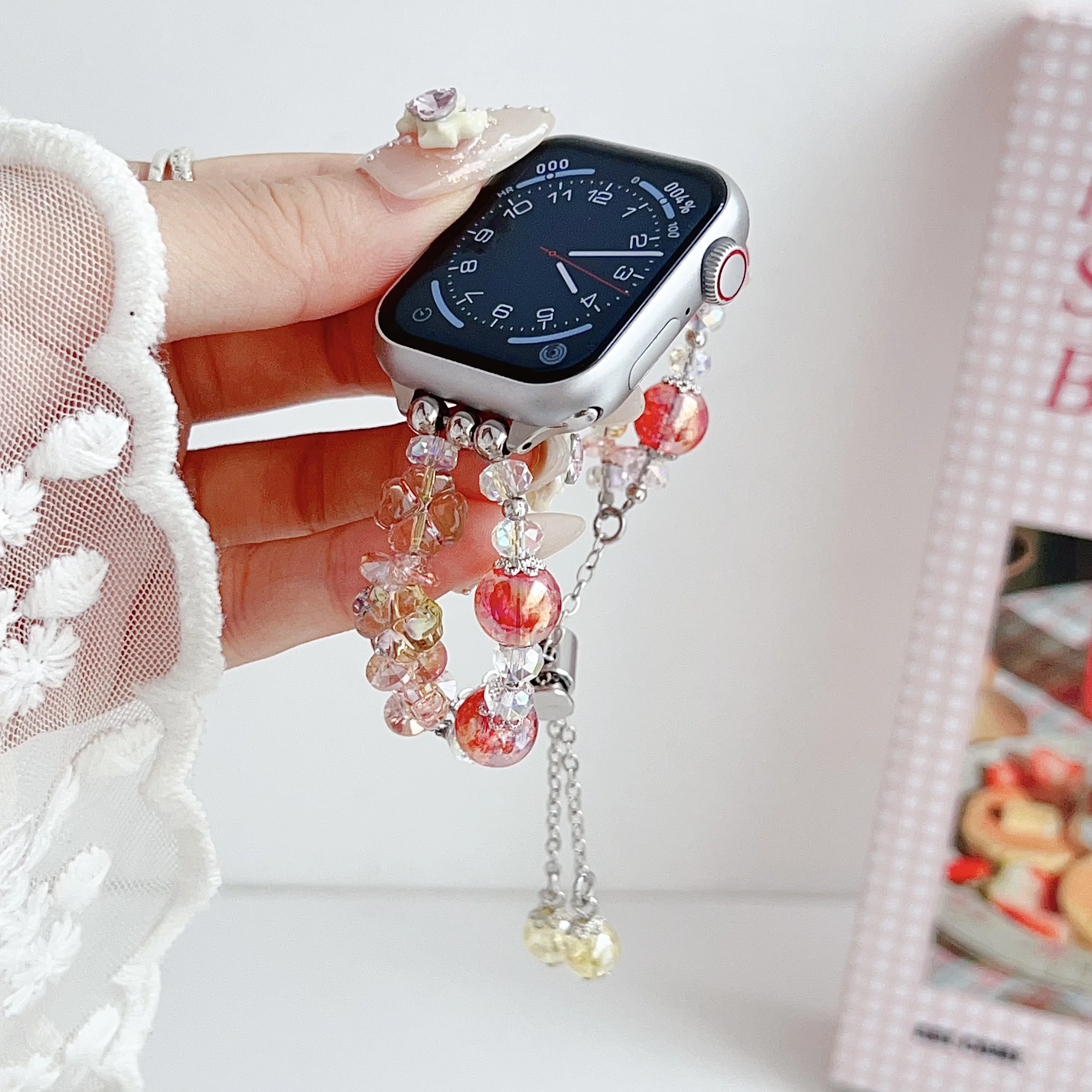 Metal Strap for Apple Watch Band Girls ins Clear Love Flower Bracelet Iwatch98765SE Women 40 41 44 45mm Colors Bead Sweet  wrist