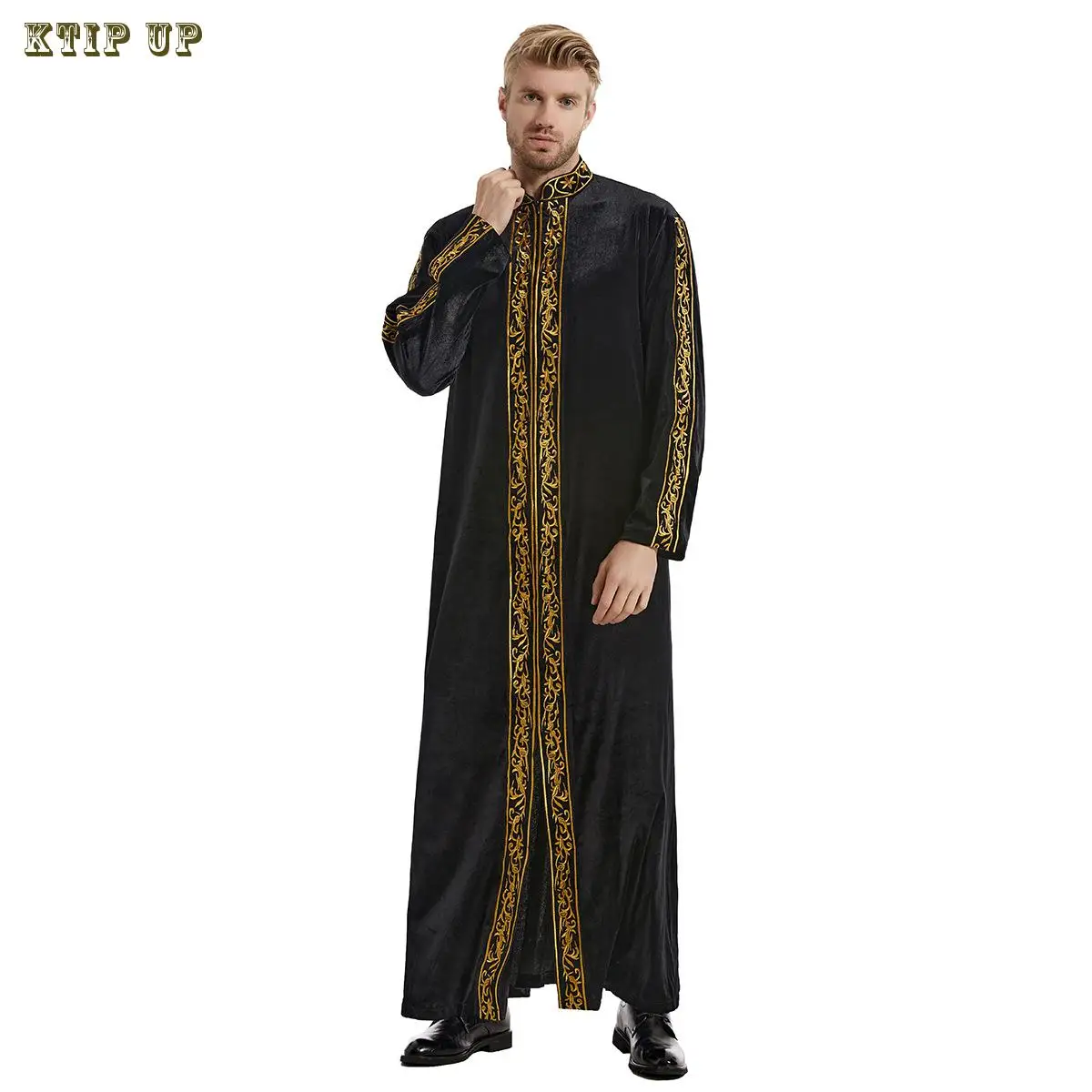 Ethnic Shirt Muslim Men\'s Jubba Thobe Kaftan Prayer Dress Qatar Pakistan Djellaba Islam Cloth Arabic Male gold velvet Long Robe