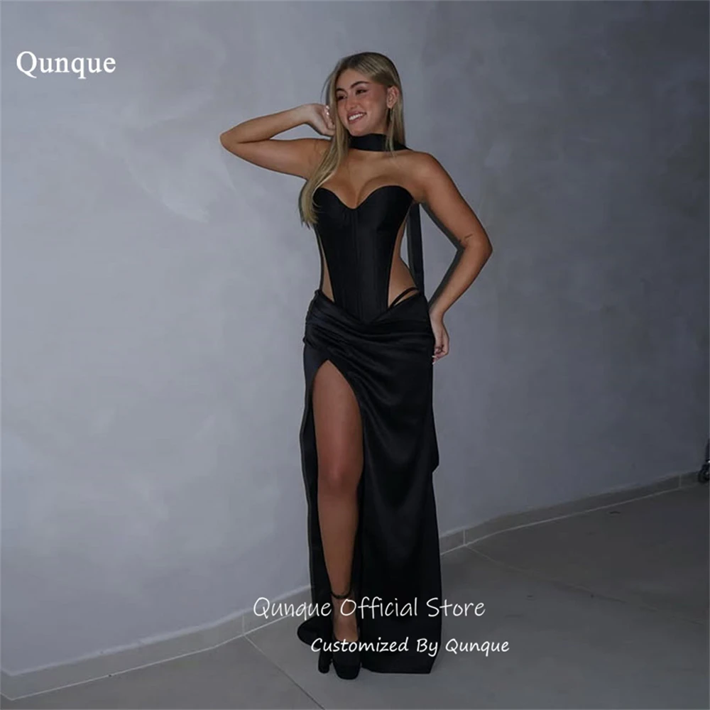 

Qunque Black High Slit Evening Dress Satin Handmade Vestidos Elegantes Femme Cut Out Sexy Maxi Length Robes De Soirée Customized