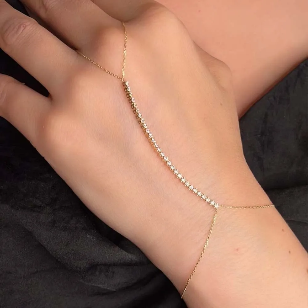 سلسلة يد ذهبية كريستالية من صف واحد للنساء إكسسوارات زفاف العروس سلاسل طويلة سوار الإصبع
