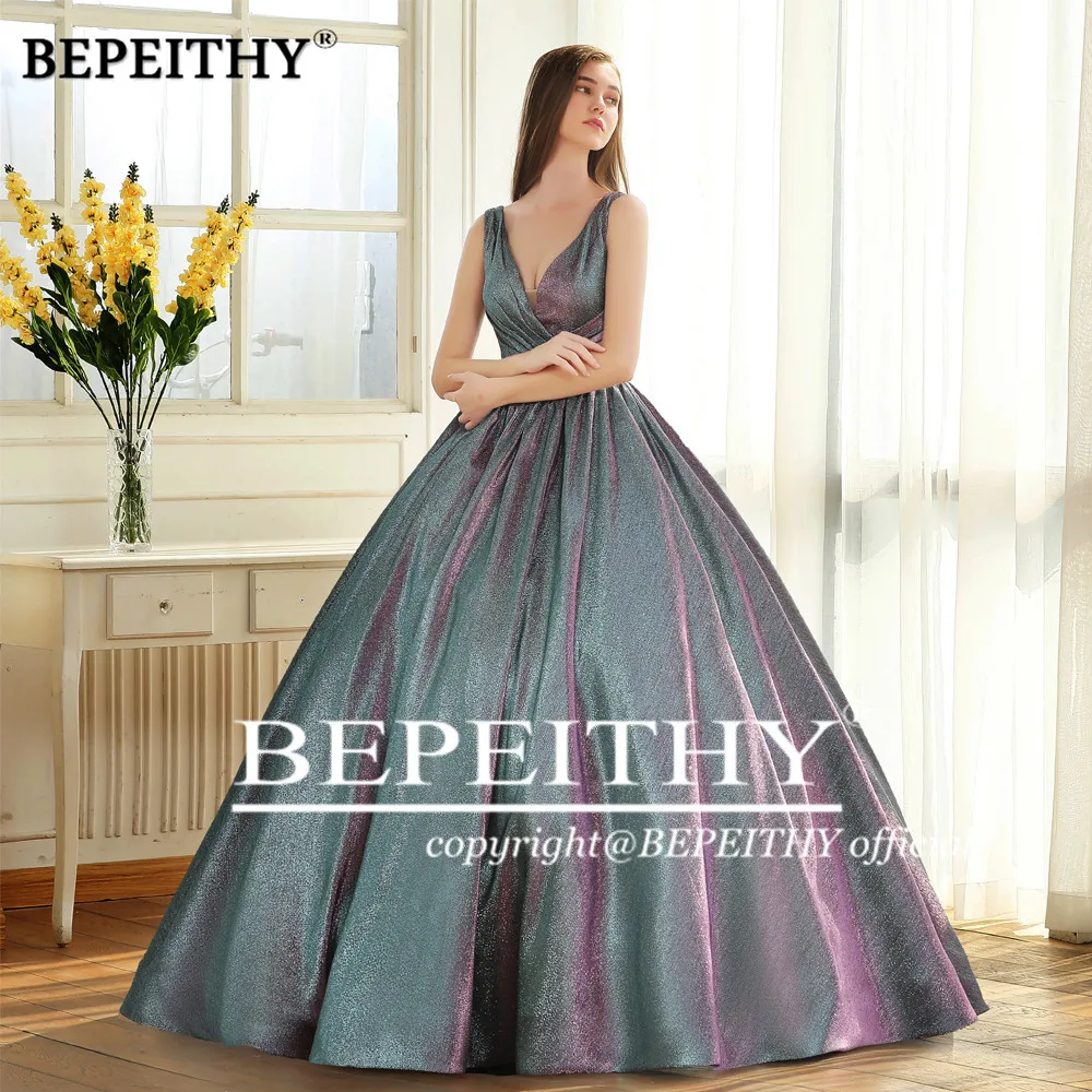 Bepeithy Eenvoudige V-hals Glitter Lange Prom Jurk Voor Vrouwen 2023 Dubai Shining Baljurk Luxe Avond Party Gown Formele gelegenheid