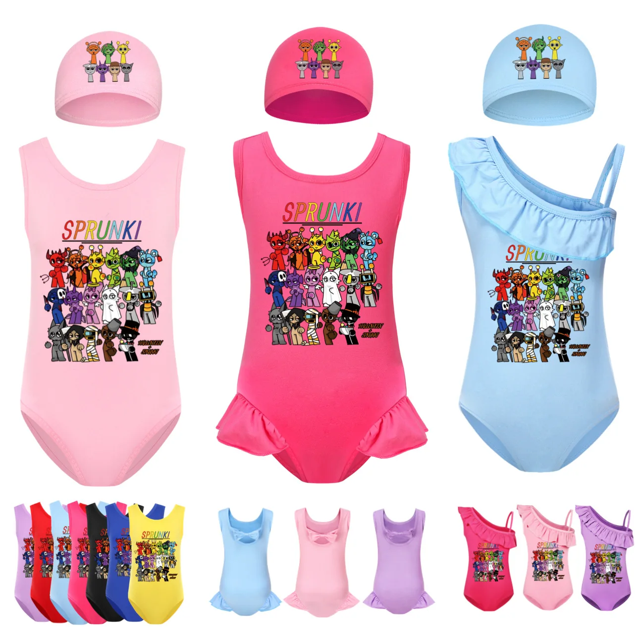 Sprunki Swimsuit for Girls Summer Vacation Outfits Kids Game Incredibox Sling Ruffles Bikini Set Children Carooon Print Swimwear