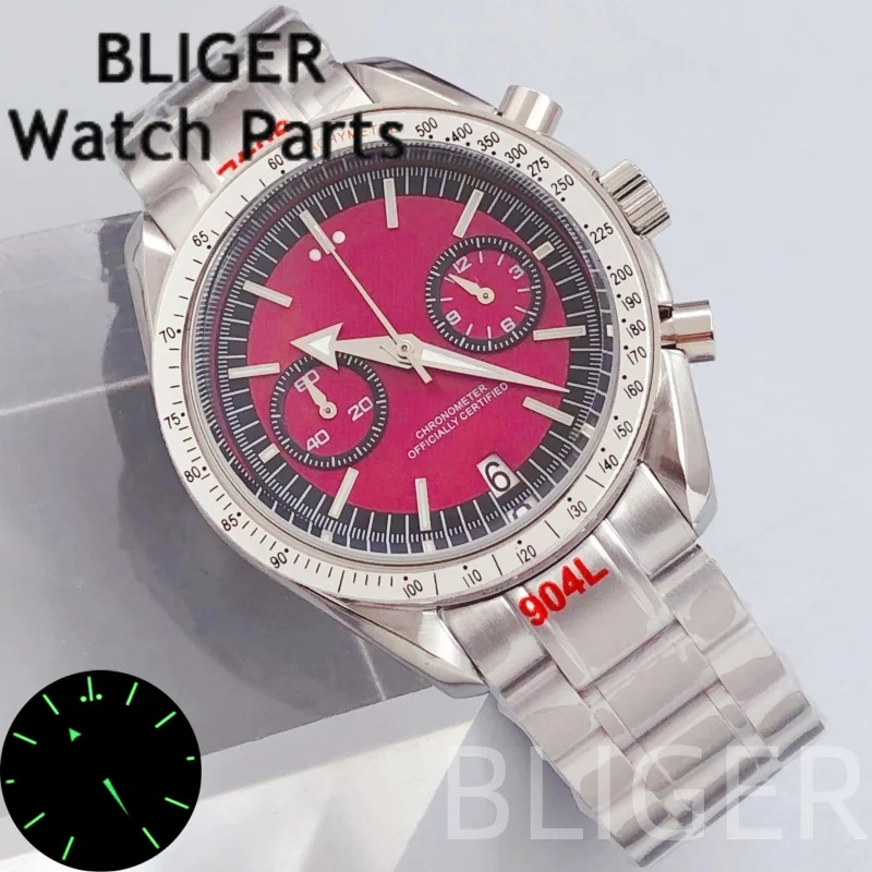 

BLIGER 40 мм VK64 кварцевые часы мужские часы с лунным хронографом бордовый красный циферблат светящееся стекло с покрытием 5 бар дайвинг Reloj Hombre