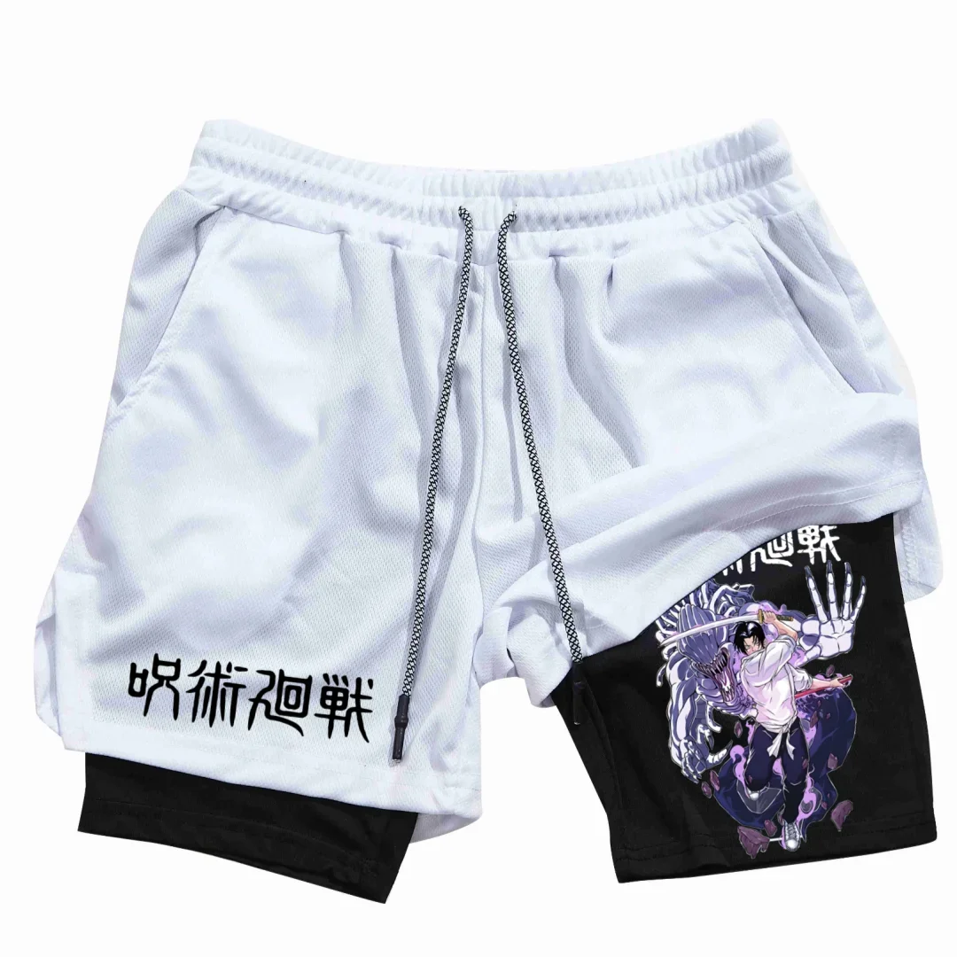 

2025Jujutsu Kaisen Мужские шорты, шорты с аниме-принтом, летние двухслойные быстросохнущие шорты 2-в-1, тренировки в тренажерном зале