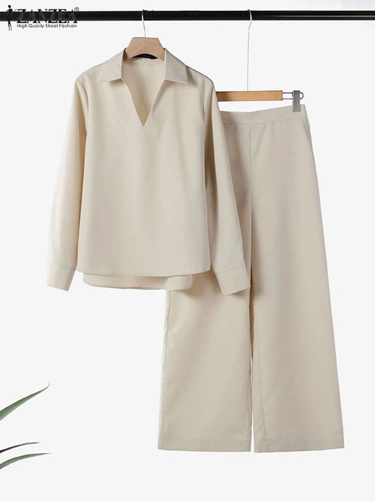ZANZEA 2025 primavera otoño conjuntos a juego mujeres blusa de manga larga pantalones traje elegante OL chándales de trabajo 2 uds trajes casuales