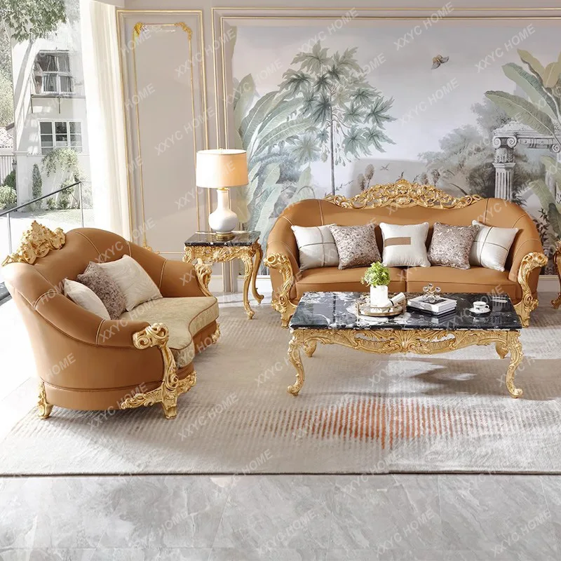 Q  court solid wood sofa living room luxury decoration simple  large apartment Rococo villa first layer cowhide sofa