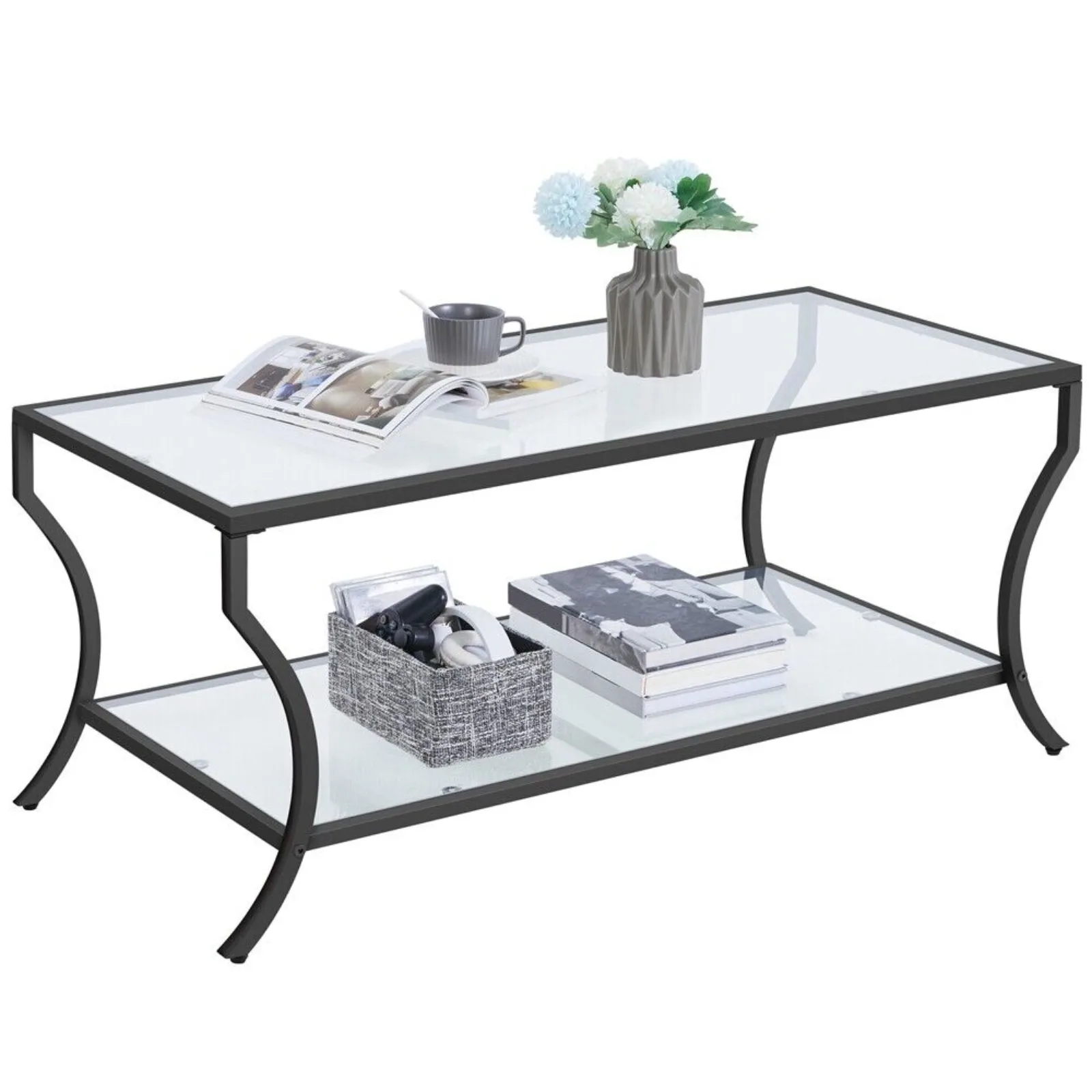 

US 2 Tier Glass Coffee Table Modern Coffee Table with Storage Shelf for Living Room