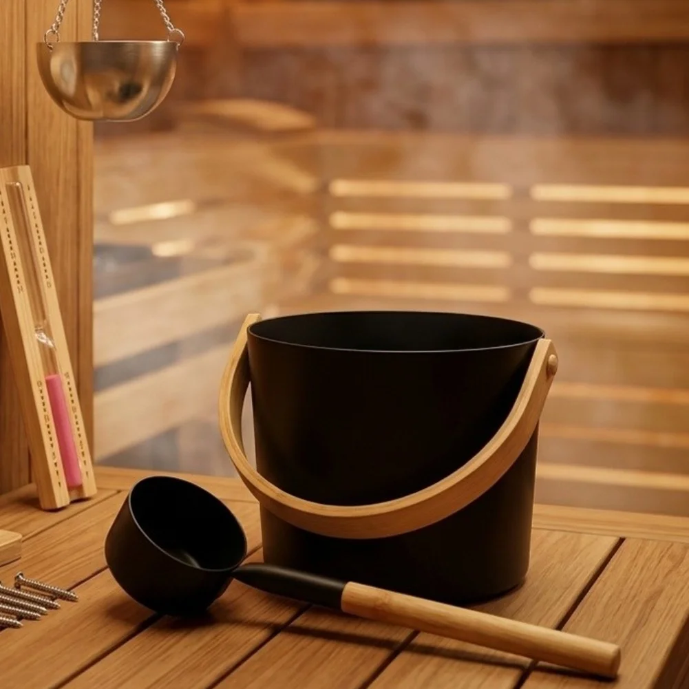 Handmade Canadian Red Cedar Sauna Accessories Kit With Bucket Ladle Thermometer Hygrometer Timer Aromatherapy Cup For Spa