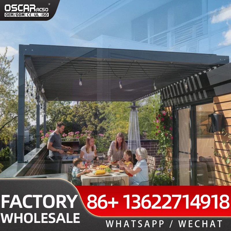 Modern Luxury Retractable Patio Awning Motorized Remote Control Windproof Sunshade for Commercial Use in Restaurants pergola
