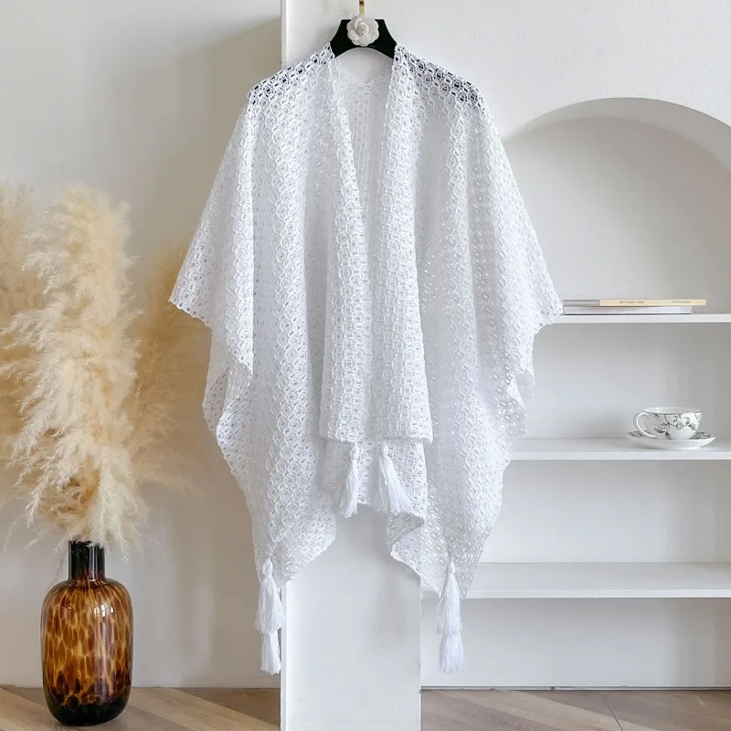 

Retro ethnic resort-style Yunnan knit fringe cardigan for women, lightweight spring and autumn shawl, lace shawl outerwear