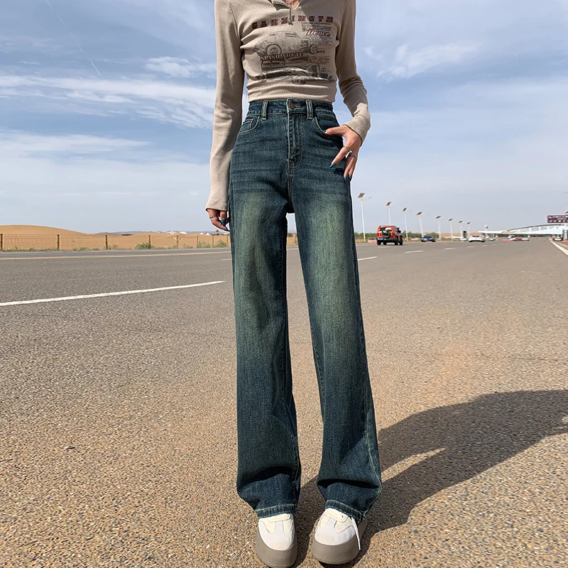 

Fashionable Water-washed Light Blue Jeans Women Early-autumn Slim Fit Straight Tube Pants High Waist Stretchy Buttock Versatile