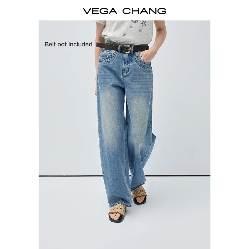 

Vega Chang Spring and Autumn New Women's Wide-Leg Jeans Retro High-Waisted Loose Long Pants [Belt Not Included]