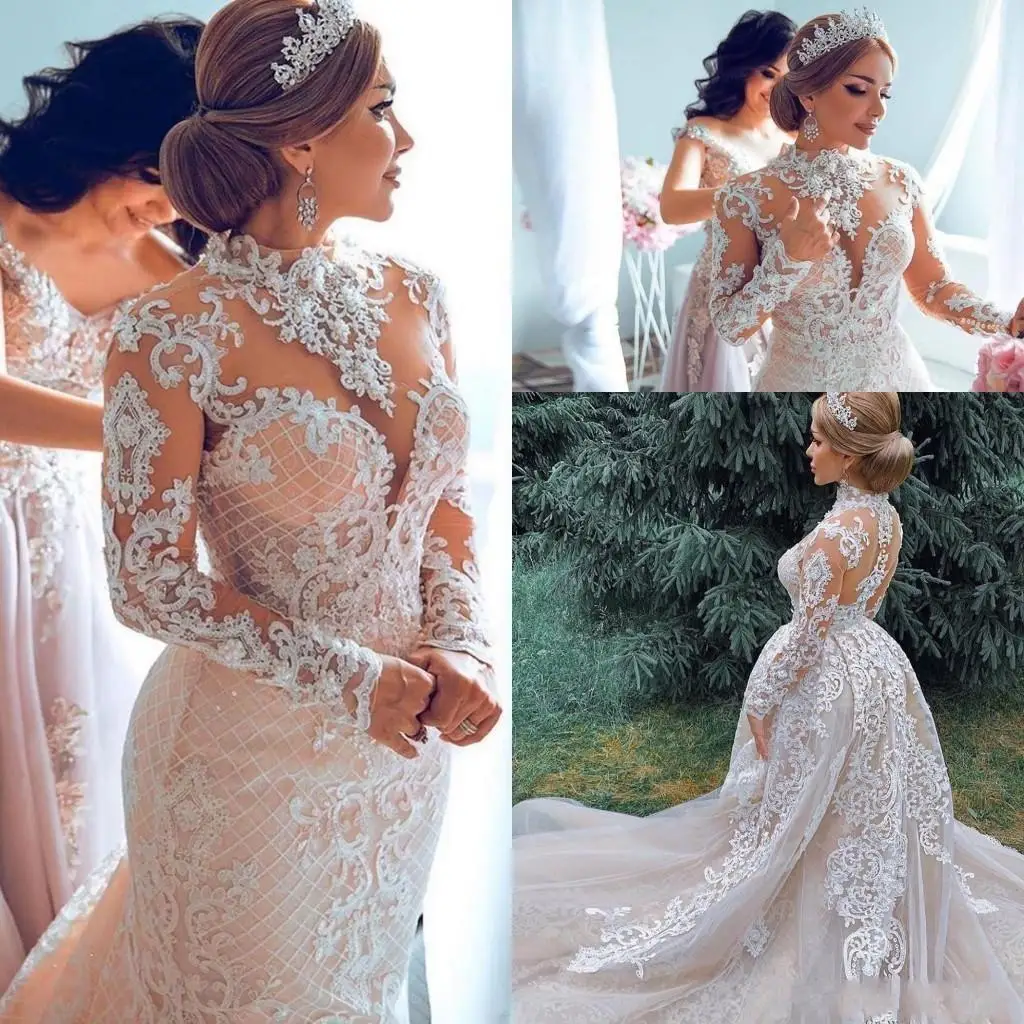 

Customized Luxury Dubai Champagne Mermaid Wedding Dresses High Neck Lace Appliques Long Sleeves Plus Size Formal Bridal