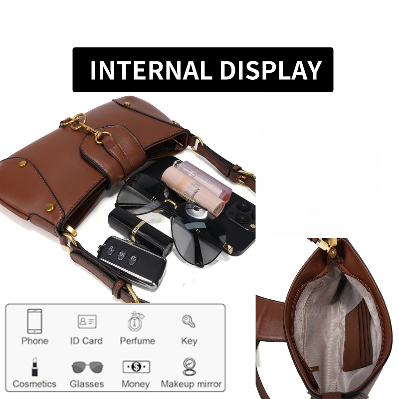 Vielseitige Designer-Handtasche mit Karabinerhaken, Damen-Umhängetasche mit Schlüsselschloss-Schnalle, Motorrad-Einkaufstasche im Biker-Stil, Braun, Reißverschluss – Detail 5