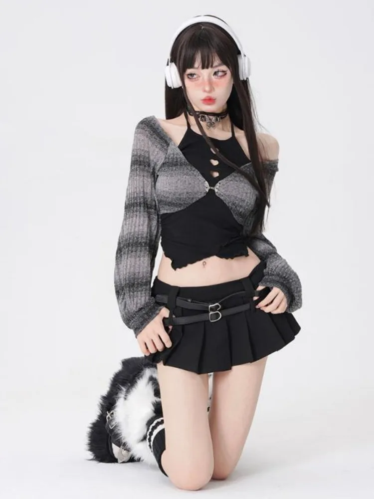 QWEEK Y2k Knitted Crop T Shirts for Women Off Shoulder Kpop Sweet Girl Tops Aesthetic Fake Two Pieces Korean Fashion Tees Spring