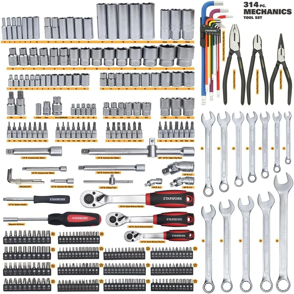 Professional 314-Piece Metric Mechanics Tool and Socket Set