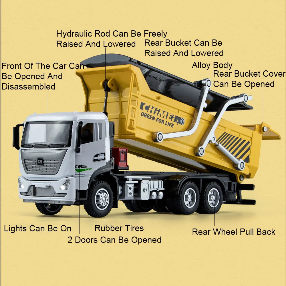 1:32 Model Ciężarówki Wywrotki Metalowy Odlew Zabawka Dla Chłopców Otwierane Drzwi Napęd Na Sprężynę Dźwięk Światło Prezent Urodzinowy