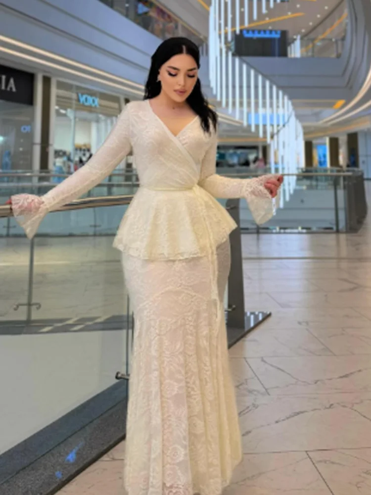 

Elegant Lady Fashion V-necktop Skirt Suit Women Chic Flared Sleeves Lace Tops Long Skirts 2026 New Street Party Evening Outfits