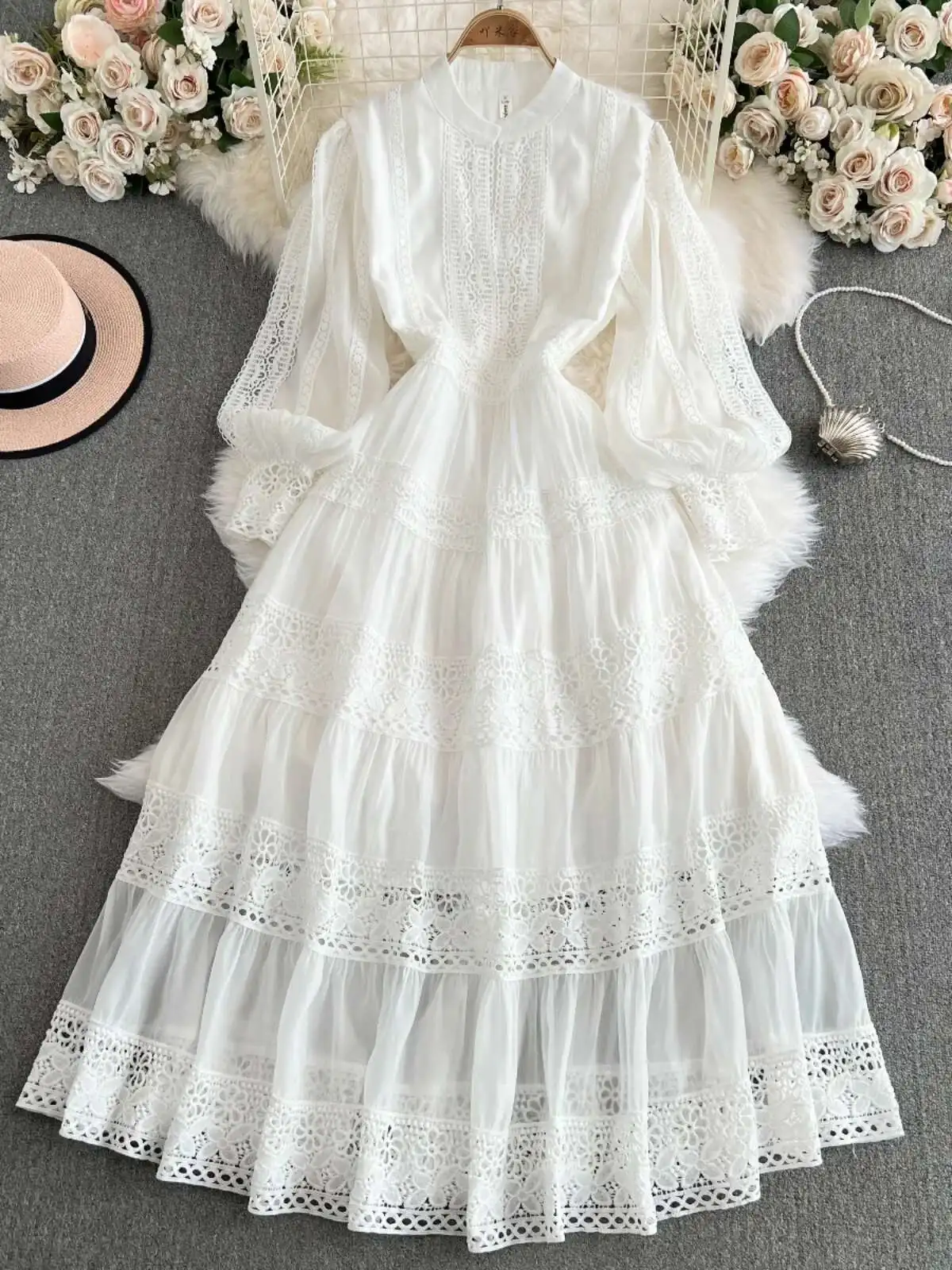 Vestido de noche bordado de encaje blanco liso para mujer, bata Midi de manga larga para fiesta y boda, moda de verano y otoño
