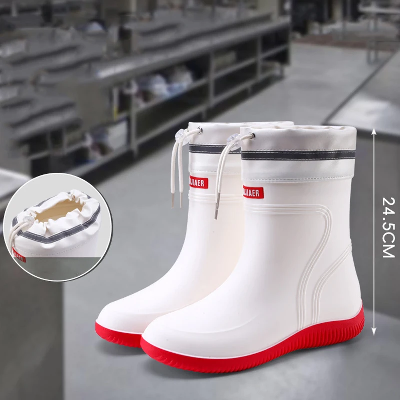 Fashion Men's High-Top White PVC Rain Boots Food Factory Work Shoes Long-Tube Rubber Shoes For Rain And Labor Protection Shoes