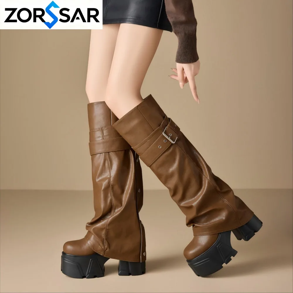 Woman Boots Knee High Platform Elegant High Heel Trend Punk Gothic New Rock Leather Fashion Women's Shoes Motorcycle Footwear