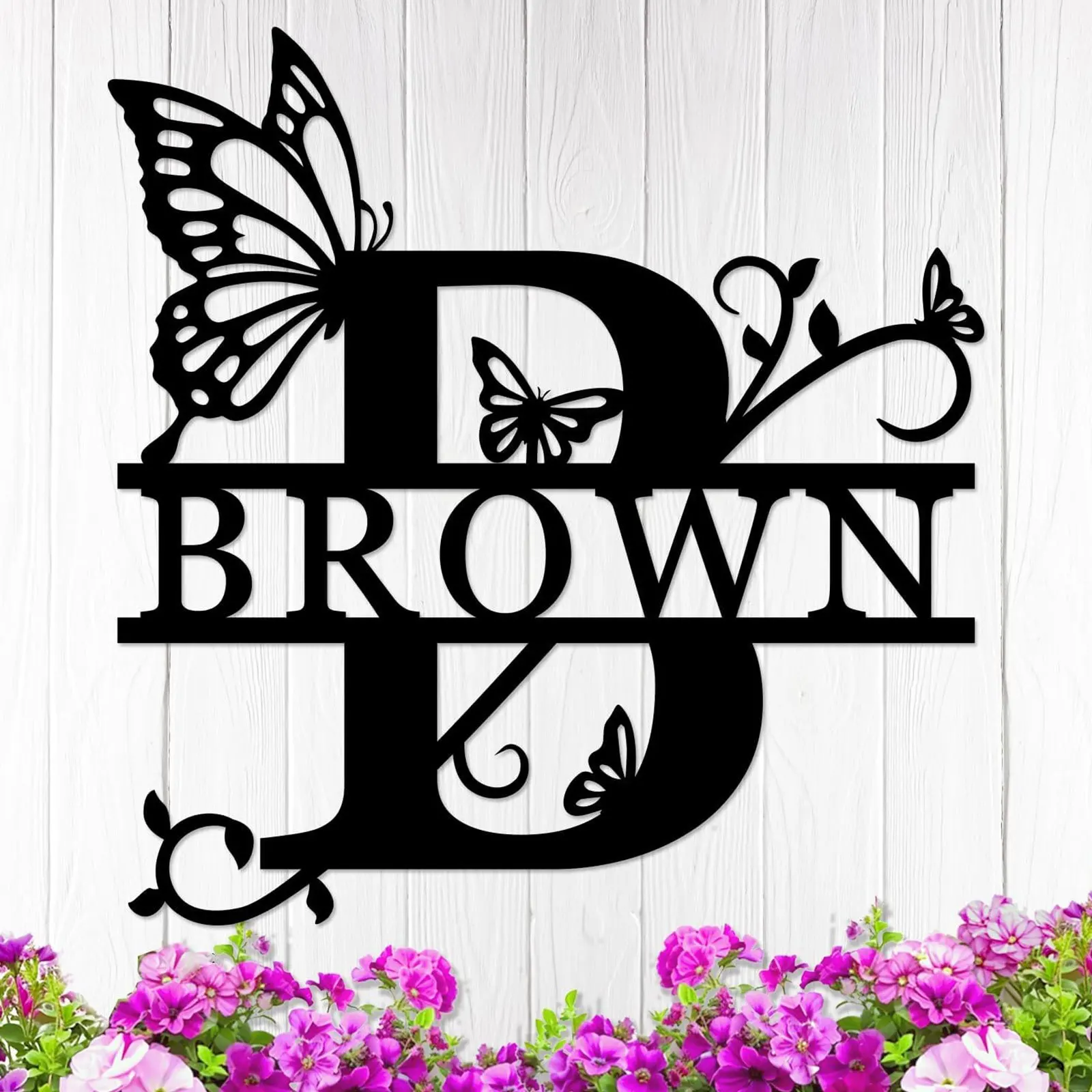 Personalized Metal Monogram Family Name Sign - Custom Initial Letters (/D/L/K/N/R/S/T/V) - Ornate Butterfly & Large Letter Font