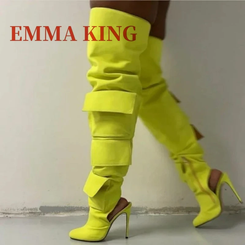 خليط الوردي جيب الأحذية أشار تو فوق الركبة رقيقة عالية الكعب الانزلاق على مثير النساء الخريف الشتاء فستان الحفلات الأحذية الأحذية