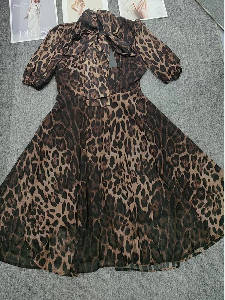 2024 women\'s spring and summer new leopard scarf collar short sleeve dress elegant temperament high waist and big fluffy skirt