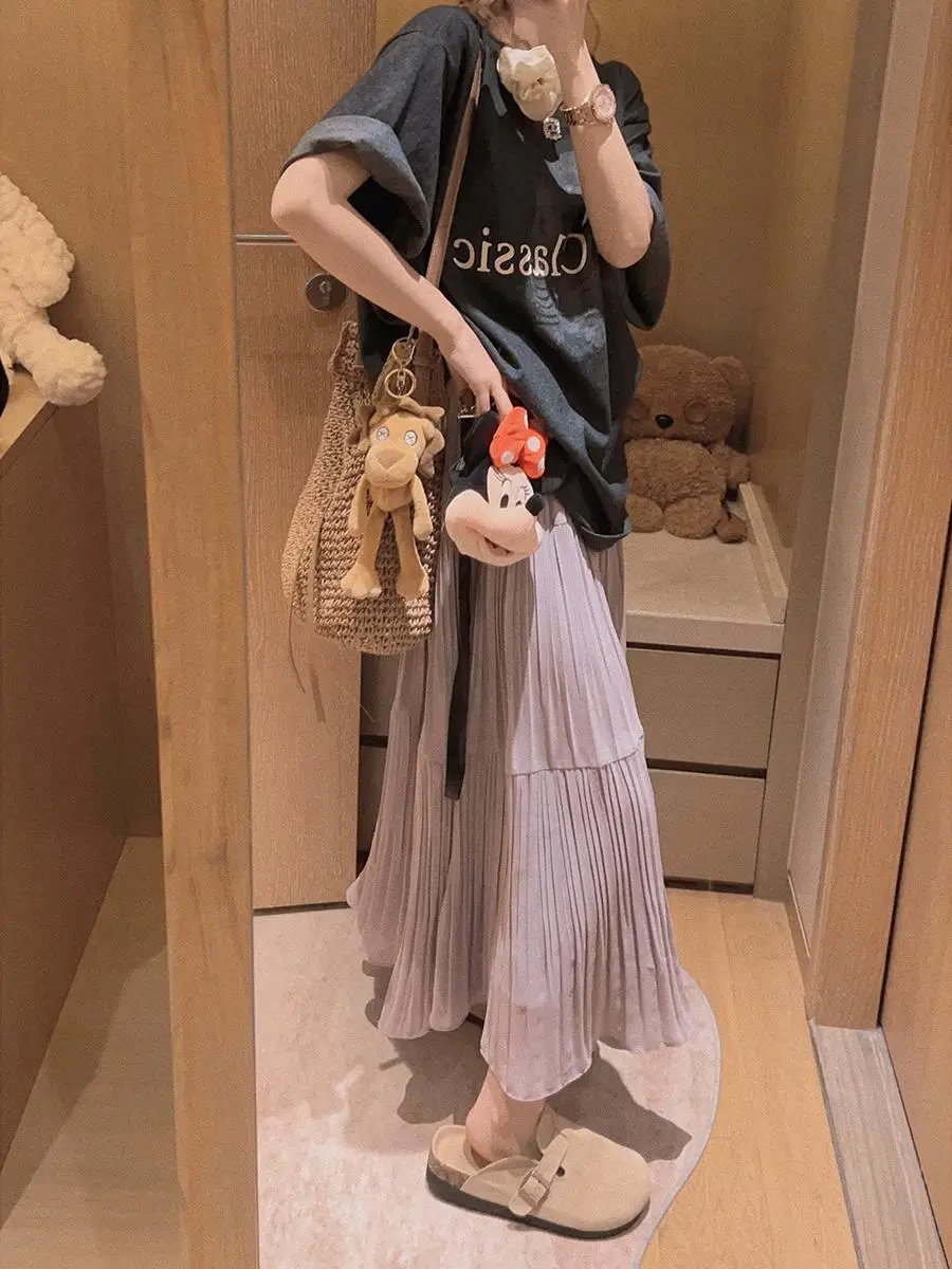 

Yukiss Grey Purple Long Cake Style Pleated Women's Skirt Spring Korean Loose A-Line Midi Skirt Polyester Fiber Commute