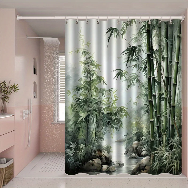 

Bamboo Pattern Printed Bath Curtain High End Elegant Bathroom Decor Waterproof Polyester Fabric Machine Washable Zen Style Art